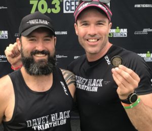 Triathlon Performance Coach Steve celebrates with Nick as he recievs his place in the 70.3 World Championships team.